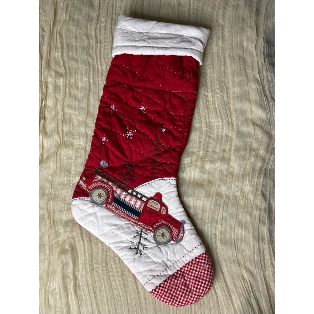 Christmas Stocking Firetruck Cottage Patchwork Vintage Style Classic Decor
